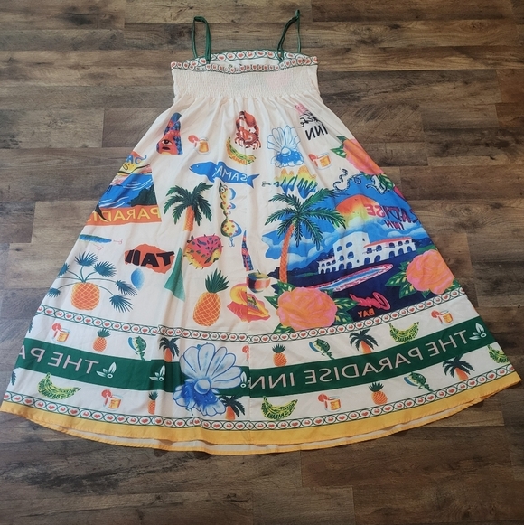 Paradise Crab Print Spaghetti Strap Flowy Maxi Boho Dress Size XL - Picture 8 of 10